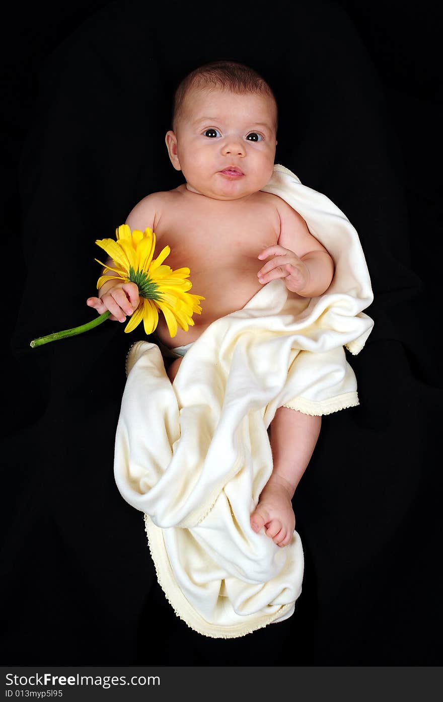 A little cute baby portrait with yellow flower. A little cute baby portrait with yellow flower