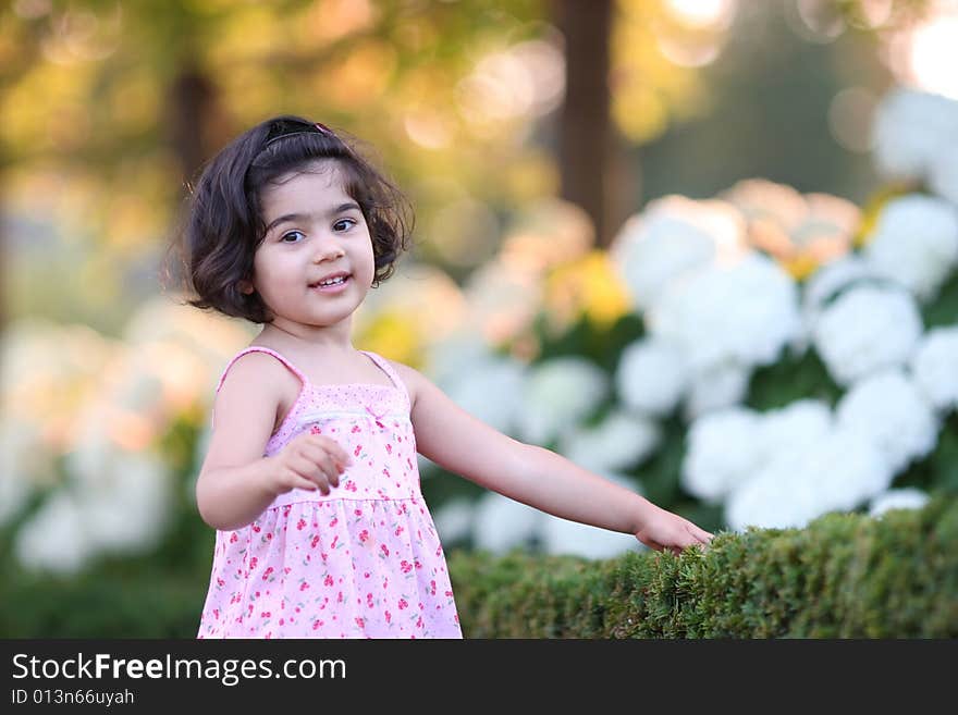 Cute girl in a flower garden with a beautiful golden bokeh in the background. Cute girl in a flower garden with a beautiful golden bokeh in the background