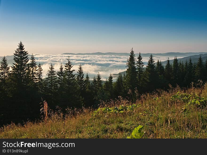 Morning Carpathian landscape from over-clouds altitude. Morning Carpathian landscape from over-clouds altitude