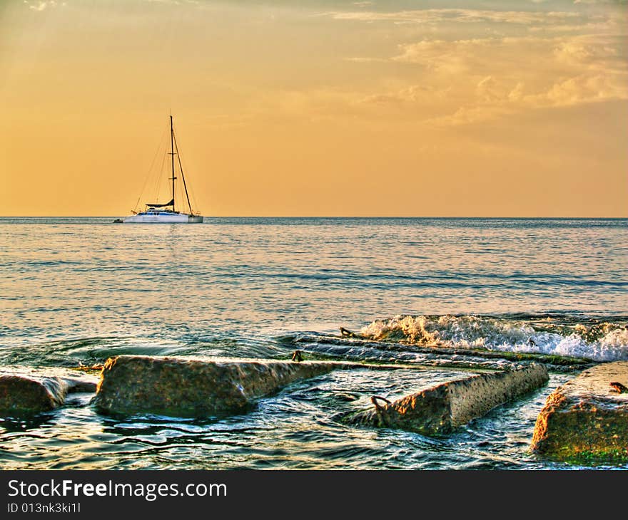 Hdr photo of yacht at sunset. Hdr photo of yacht at sunset.