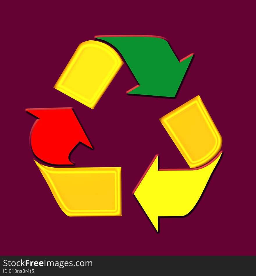 The recycle symbol varies colours in violet colour background