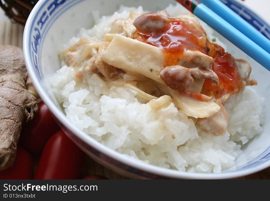 A meal of asian rice and vegetables. A meal of asian rice and vegetables