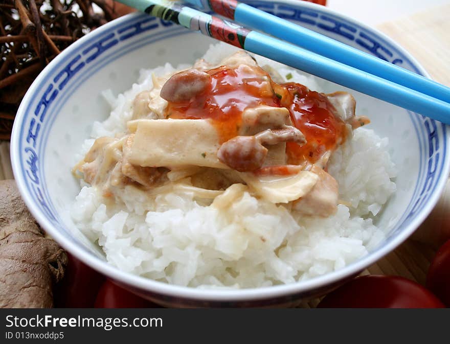 A meal of asian rice and vegetables. A meal of asian rice and vegetables