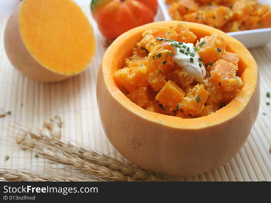 Fresh vegetables of pumpkin served in a pumpkin