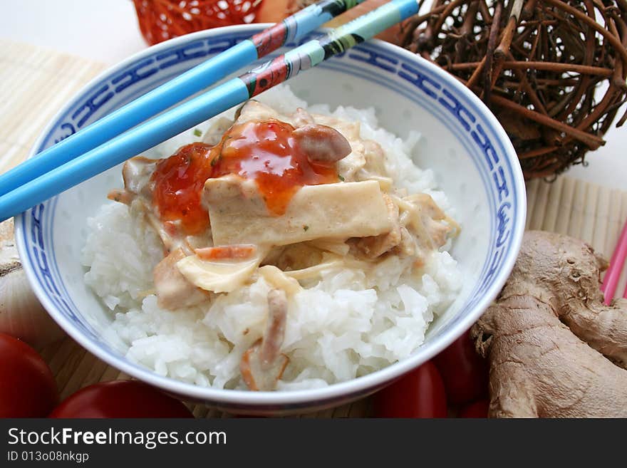 A meal of asian rice and vegetables. A meal of asian rice and vegetables