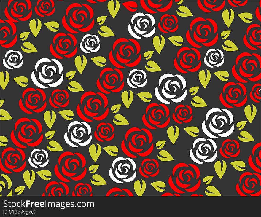 Stylized red and white roses pattern on a black background. Stylized red and white roses pattern on a black background.