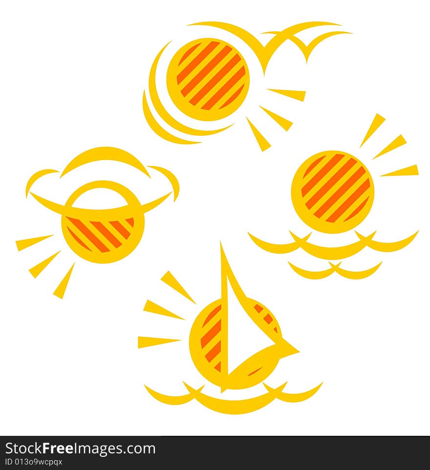 Four stylized sun symbols on a white background.