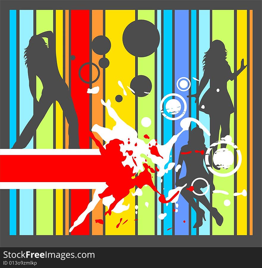 Three black female silhouettes on a grunge striped background. Three black female silhouettes on a grunge striped background.