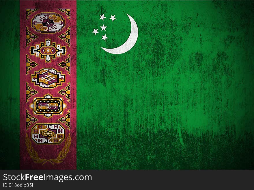 Weathered Flag Of Turkmenistan, fabric textured. Weathered Flag Of Turkmenistan, fabric textured