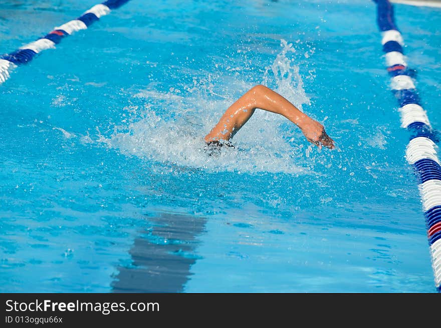 One Person Swimming Freestyle in a Lap Pool. One Person Swimming Freestyle in a Lap Pool