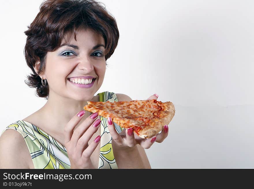 Sweet Girl Eating Pizza Slice