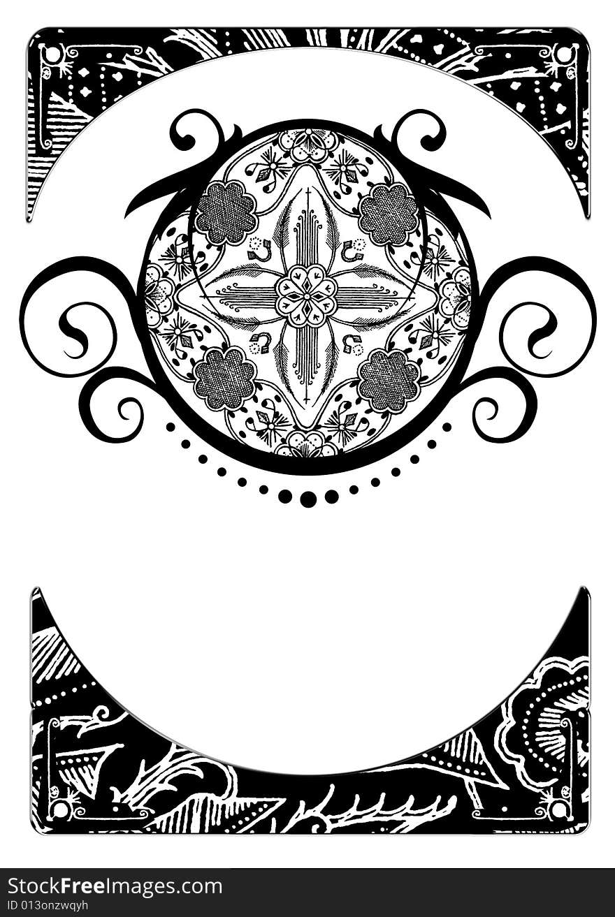 A black and white pattern and a border with elements of batik. A black and white pattern and a border with elements of batik