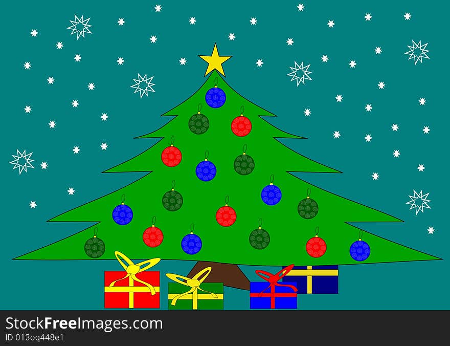 Christmas tree and gifts over green background. Christmas tree and gifts over green background