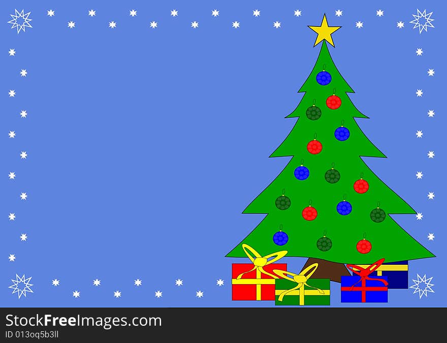 Christmas tree and gifts in frame over blue background. Christmas tree and gifts in frame over blue background