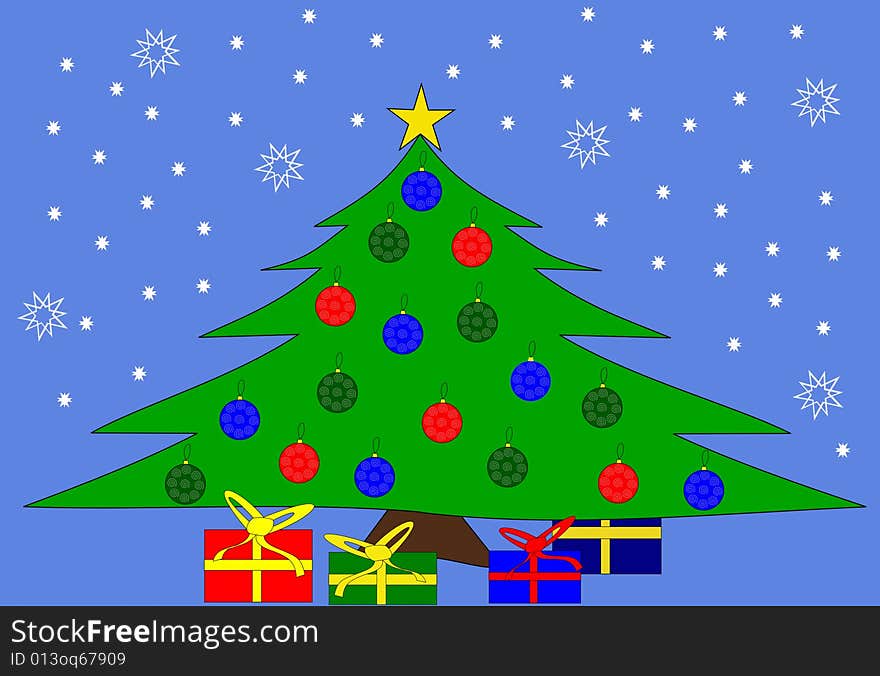 Christmas tree and gifts over blue background. Christmas tree and gifts over blue background