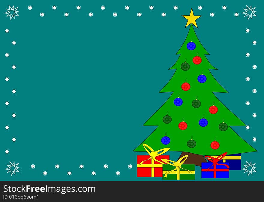 Christmas tree and gifts in frame over green background. Christmas tree and gifts in frame over green background