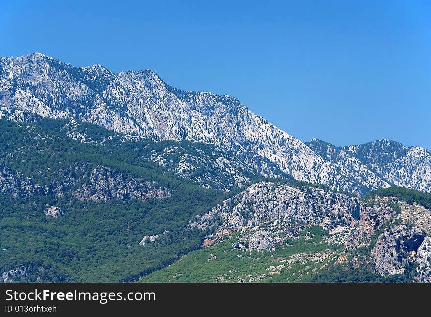 Blue sea and clear sky with mountains