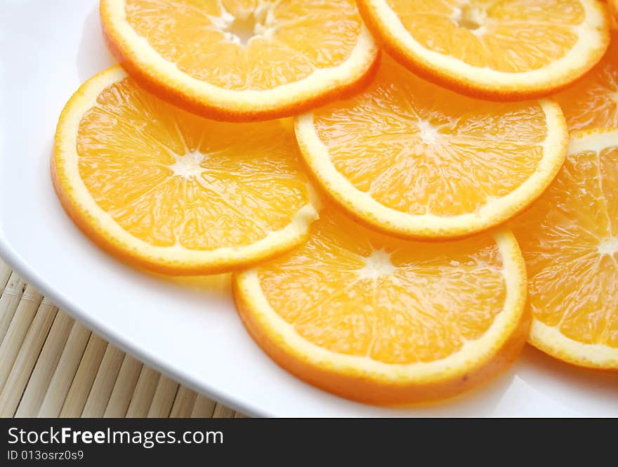 Some pieces of fresh oranges on a plate