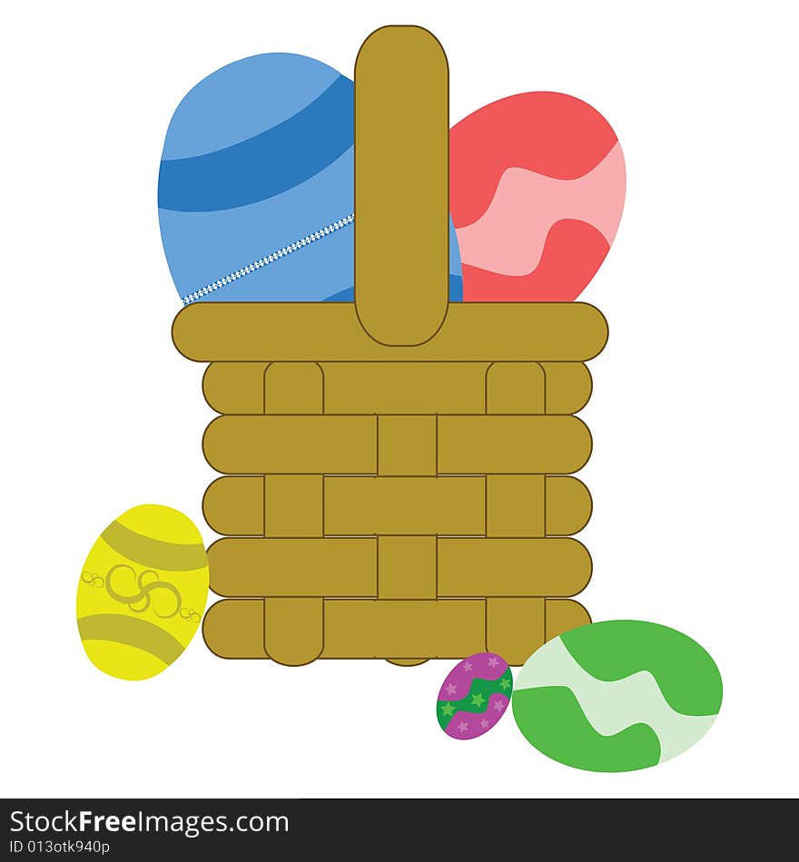 Cartoon illustration of a basket filled with Easter eggs