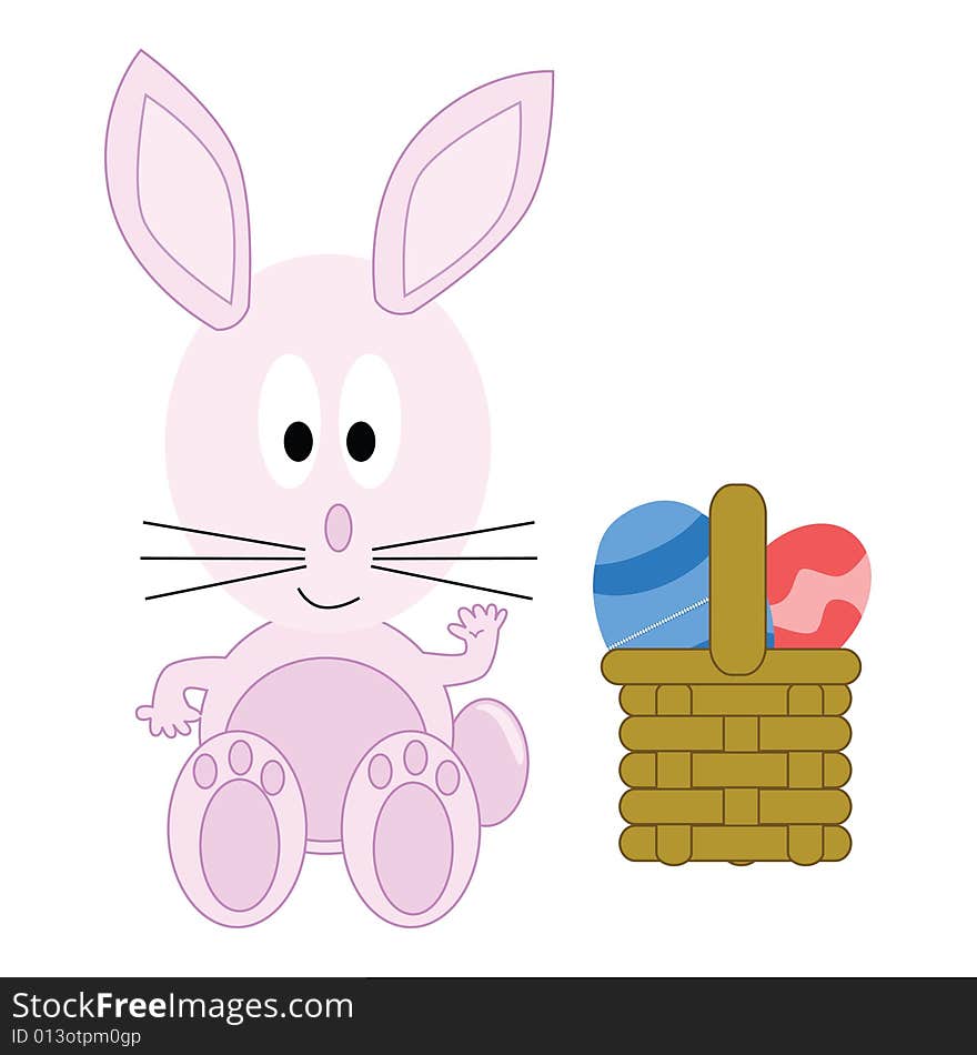 Cartoon illustration of a cute pink easter bunny sitting sitting besides its basket filled with eggs
