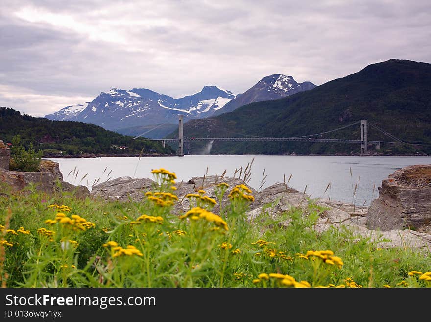 Norway landscape, fjord and mountains in the background