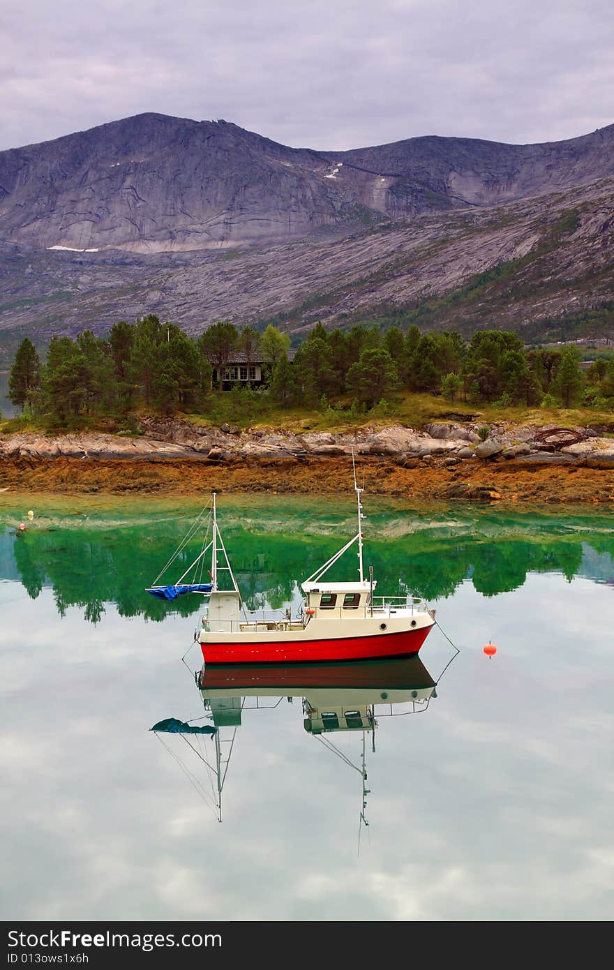 Norway landscape, fjord and mountains in the background