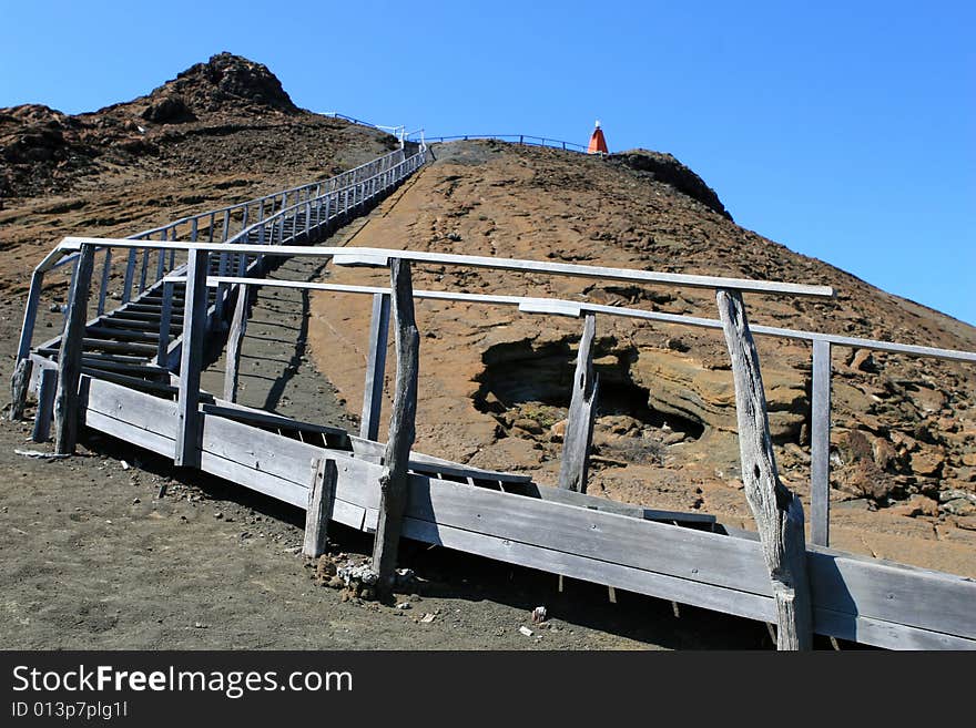 Stairs lead to a vista on top of the Galapagos Islands. Stairs lead to a vista on top of the Galapagos Islands