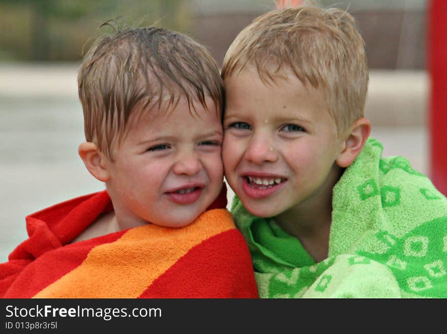 Two Boys Wet From Swimming