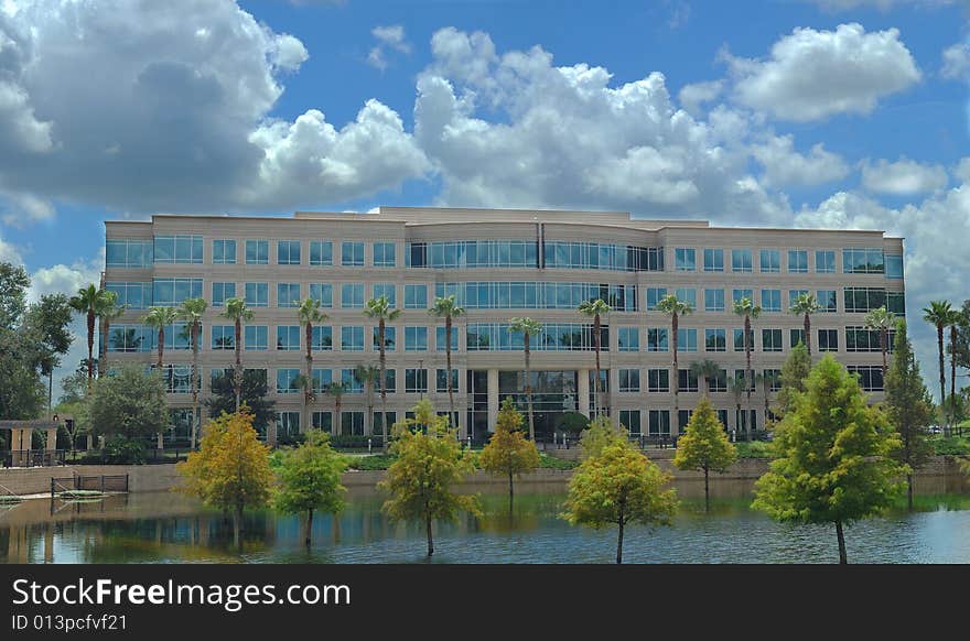 Office building with retention pond. Office building with retention pond.