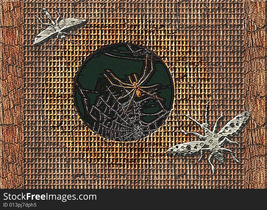 Great creative rich textured abstract color image hunter spider and dead insects near the victim. Great creative rich textured abstract color image hunter spider and dead insects near the victim.