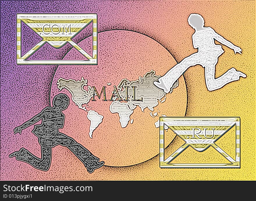 Great creative abstract colored bright rich textured picture of couriers on a background map the Earth and two envelopes, with inscriptions. com and. ru. Great creative abstract colored bright rich textured picture of couriers on a background map the Earth and two envelopes, with inscriptions. com and. ru