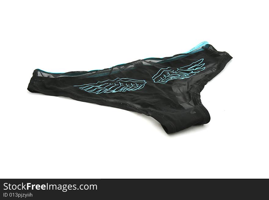 An isolated image of ladies black underwear with blue angel wings