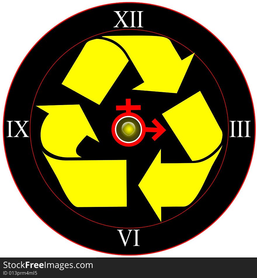 The recycle symbol in the wall clock any time working. The recycle symbol in the wall clock any time working