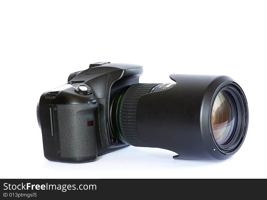 Black digital camera isolated on white