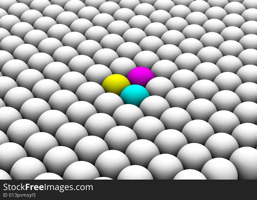 Three colored spheres among the white ones. Three colored spheres among the white ones