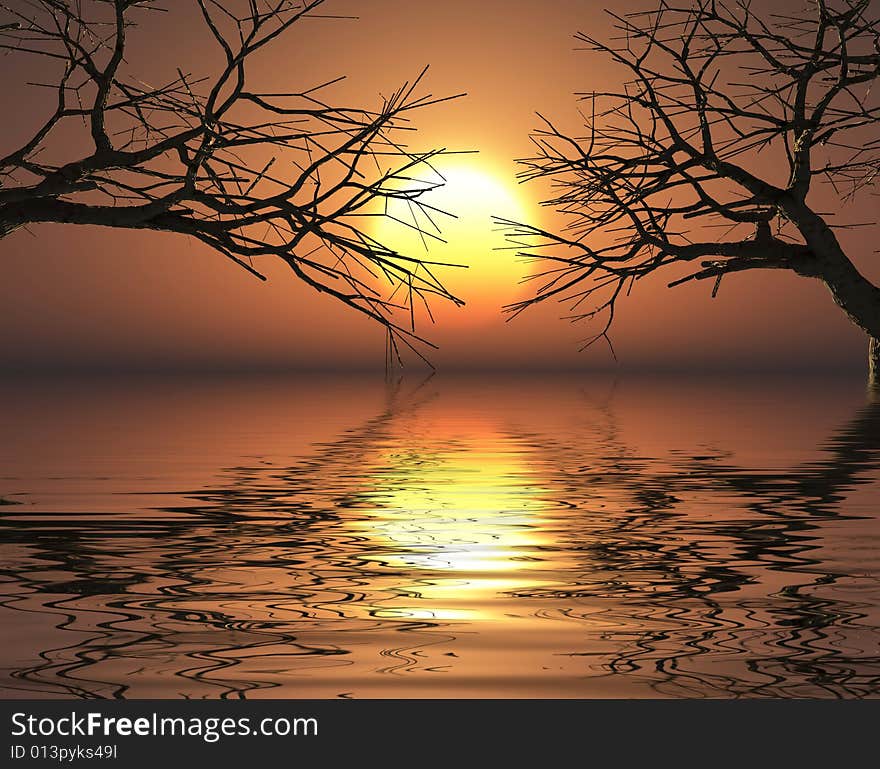 Tree silhouettes  at sunset - digital artwork. Tree silhouettes  at sunset - digital artwork