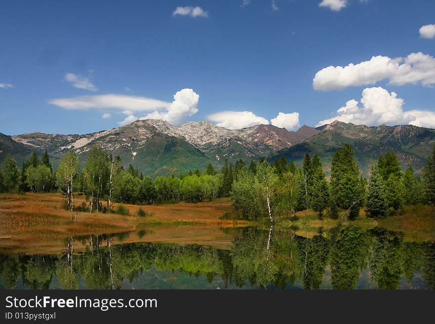 Mountain lake showing snow capped reflections. Mountain lake showing snow capped reflections