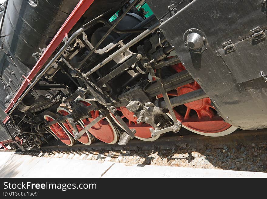 Red wheels of steam locomotive. Red wheels of steam locomotive