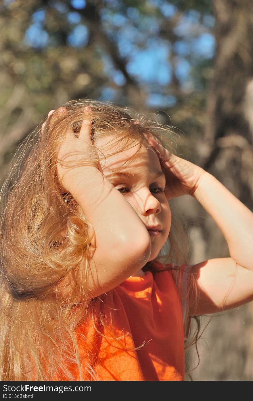 Beautiful girl touching her long brown hair. Beautiful girl touching her long brown hair