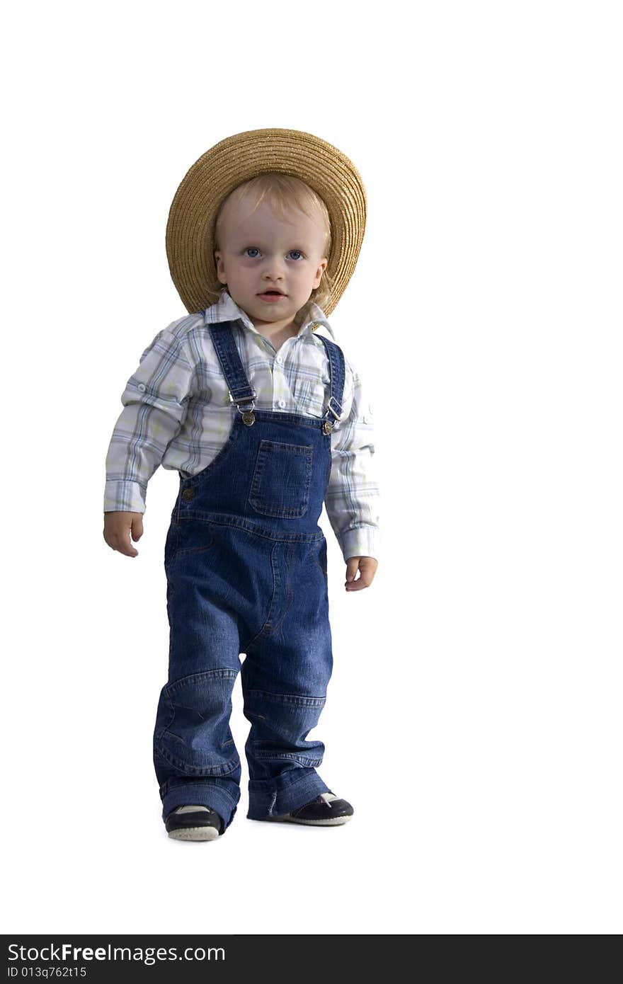 Attractive boy straw hat on egg white background