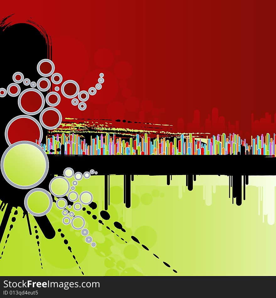 Vector illustration of an abstract grungy green and red background with rainbow columns and modern circles. Vector illustration of an abstract grungy green and red background with rainbow columns and modern circles.