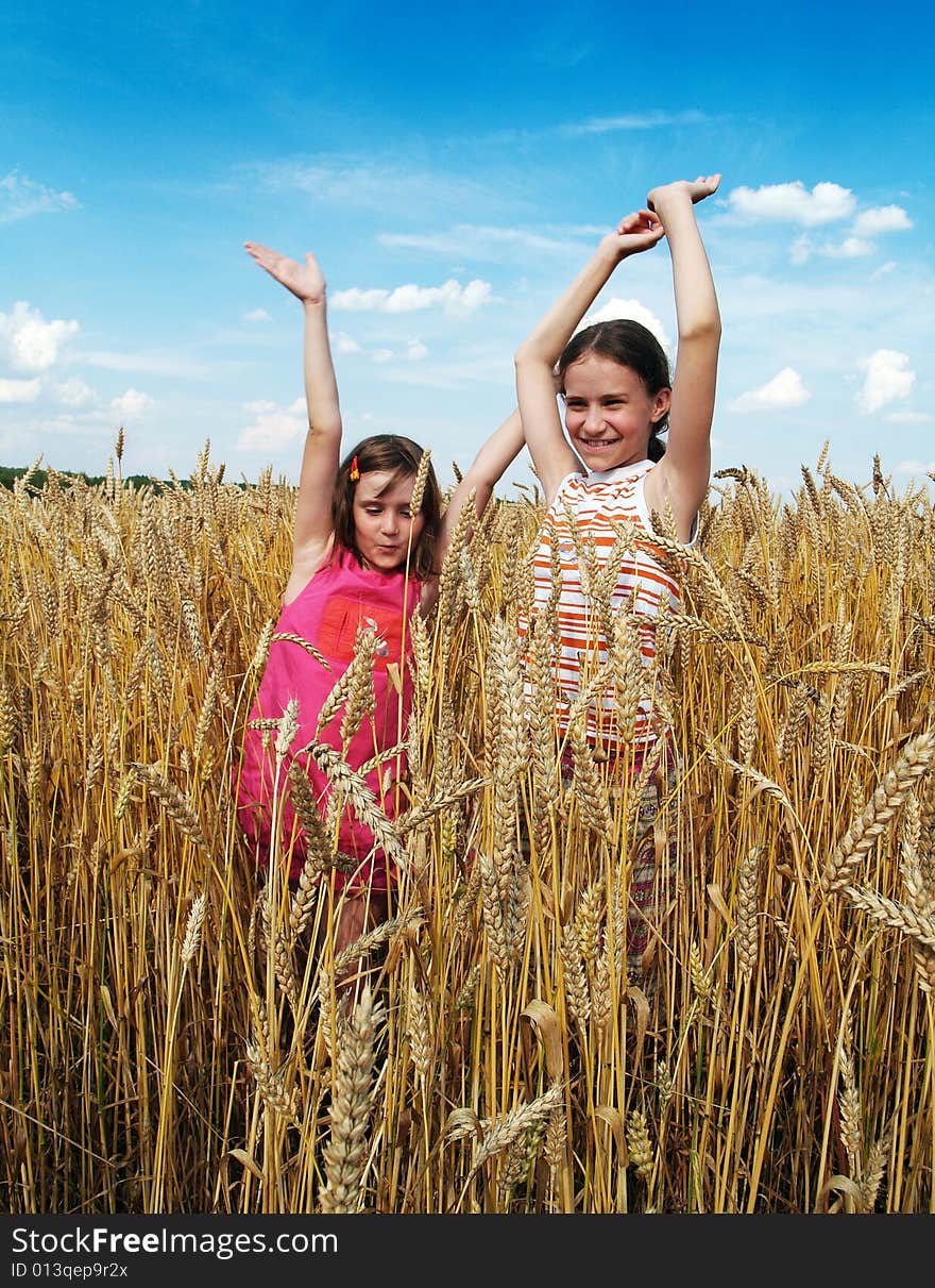 Happy girls on a field of wheat.