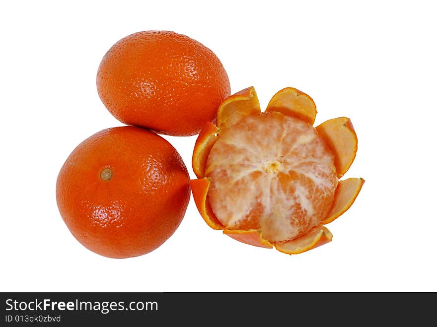 Mandarin with cut peel in rays isolated on white background