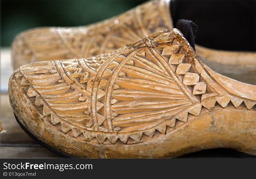 Wood shoes in 18 century market of old Montreal.