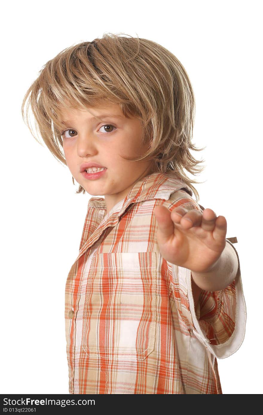 Blonde hair child on white (focus on face) isolated on white