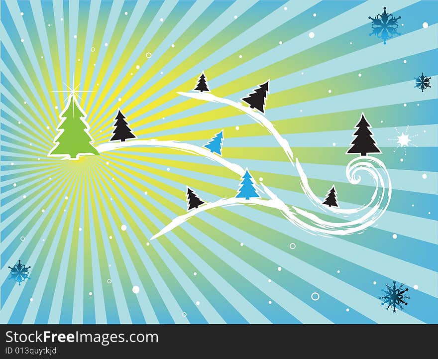 Abstract colored background with snowflakes and colored firs for winter holidays. Abstract colored background with snowflakes and colored firs for winter holidays