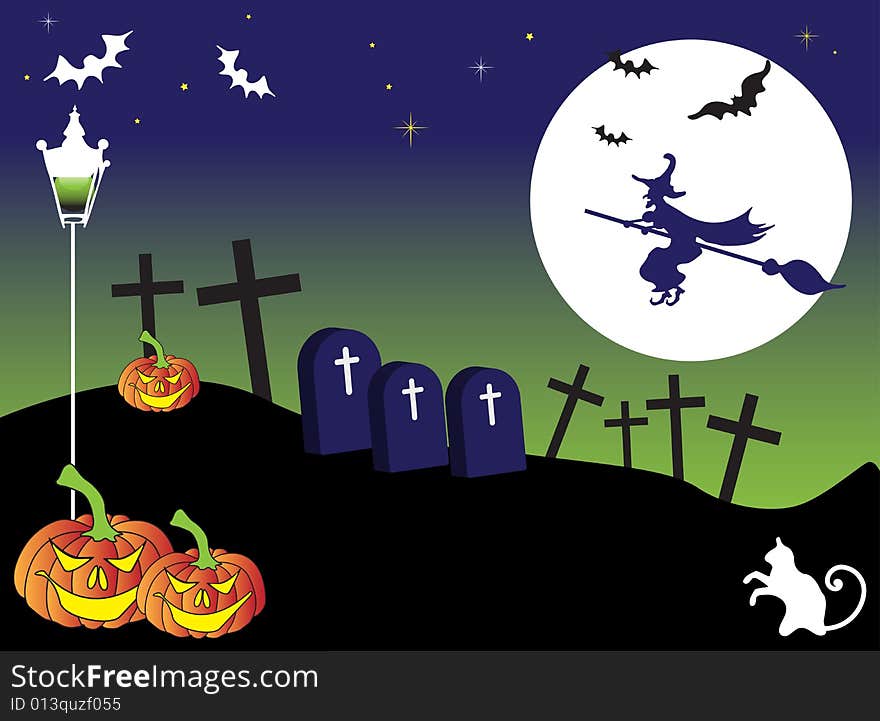 Abstract colored illustration with witch shape flying on a broom above a graveyard. Abstract colored illustration with witch shape flying on a broom above a graveyard