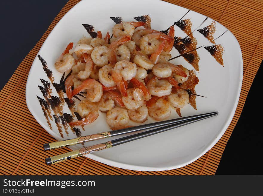 Shrimps on a plate arrangement, boiled, buffet