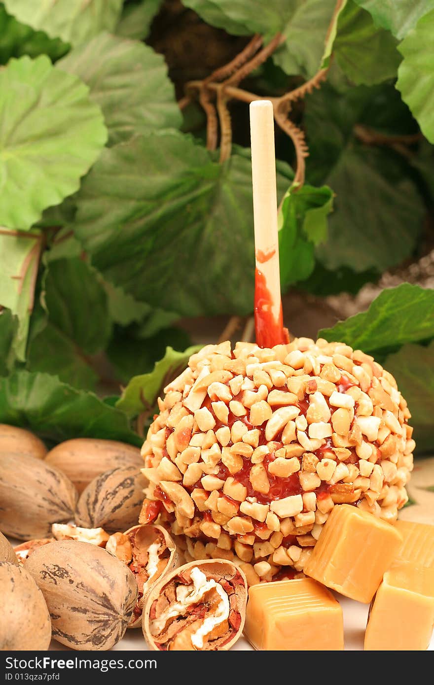 Single caramel apple with ingredients vertical