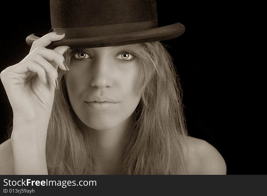 Beautiful Blond woman with Bowler hat on Black. Beautiful Blond woman with Bowler hat on Black